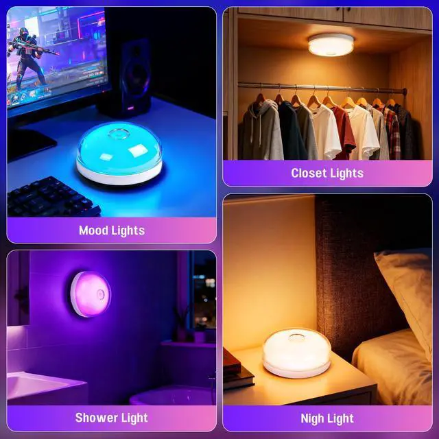 Alt view image 7 of 7 - 4-Pack Shower Light for Inside Shower, 15 RGBW Color Changeable shower Lamp Waterproof with Remote(DimmableTimer), Bathroom Light, Wireless LED Mood Lighting for Bedroom, Closet, Party, Night Light