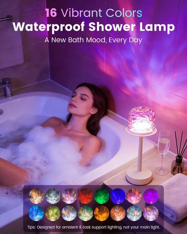 Alt view image 3 of 7 - Waterproof Bathroom Shower Lamp with Ocean Wave Projector, 2-in-1 Table Night Light, 16 RGB Colors, 3 White Modes, 5000mAh Rechargeable USB-C Lamp with Touch & Remote for Spa Shower, Bedroom, Gifts