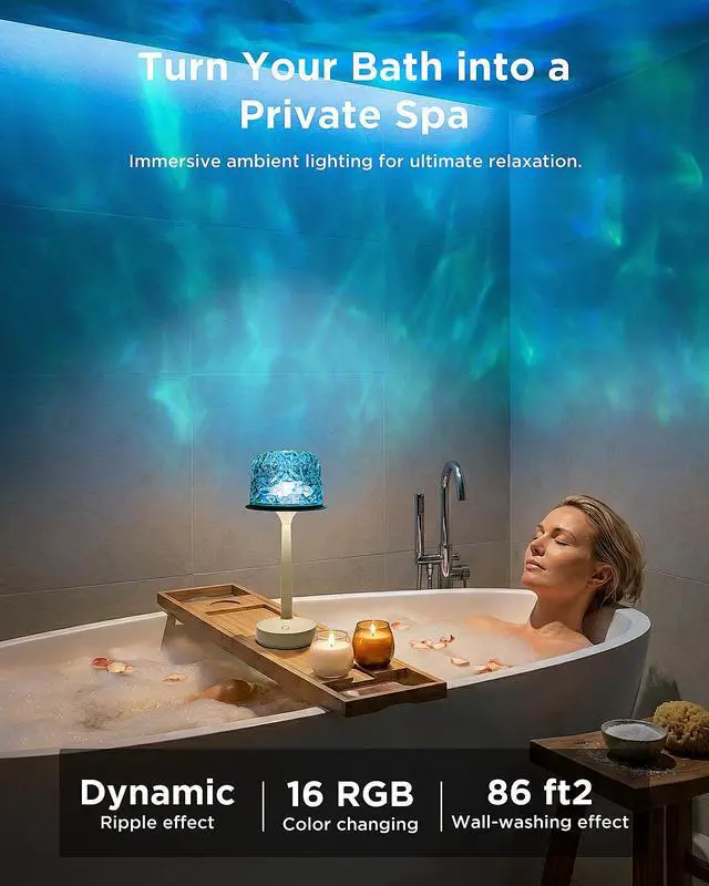 Alt view image 4 of 7 - Waterproof Shower Lamp, Rechargeable Cordless Bathroom Light with Ocean Wave Projector, 16-Color Changing LED Mood Light with Touch & Remote Control for Bathtub, Spa and Bathroom Decor & Gifts