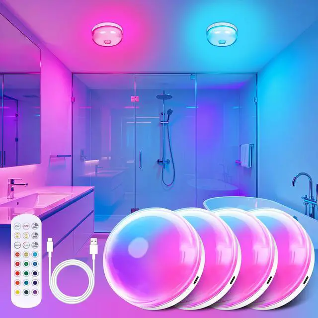 Main image of 4-Pack Shower Light for Inside Shower, 15 RGBW Color Changeable shower Lamp Waterproof with Remote(DimmableTimer), Bathroom Light, Wireless LED Mood Lighting for Bedroom, Closet, Party, Night Light