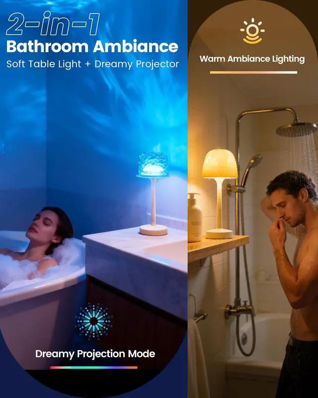 Alt view image 2 of 7 - Waterproof Bathroom Shower Lamp with Ocean Wave Projector, 2-in-1 Table Night Light, 16 RGB Colors, 3 White Modes, 5000mAh Rechargeable USB-C Lamp with Touch & Remote for Spa Shower, Bedroom, Gifts