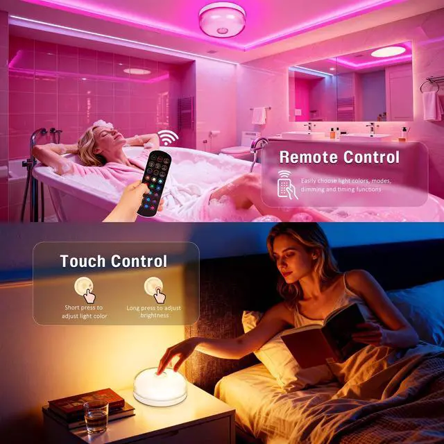 Alt view image 5 of 7 - 4-Pack Shower Light for Inside Shower, 15 RGBW Color Changeable shower Lamp Waterproof with Remote(DimmableTimer), Bathroom Light, Wireless LED Mood Lighting for Bedroom, Closet, Party, Night Light