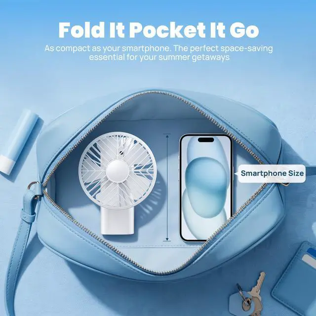 Alt view image 6 of 7 - Handheld Fan Rechargeable, Portable Mini Fan with 3000mAh Battery, Up to 10H Runtime, 180° Foldable Personal Fan, USB Travel Fan for Pocket, Office, Bedroom, Camping