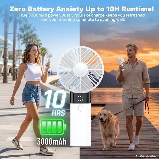 Alt view image 3 of 7 - Handheld Fan Rechargeable, Portable Mini Fan with 3000mAh Battery, Up to 10H Runtime, 180° Foldable Personal Fan, USB Travel Fan for Pocket, Office, Bedroom, Camping