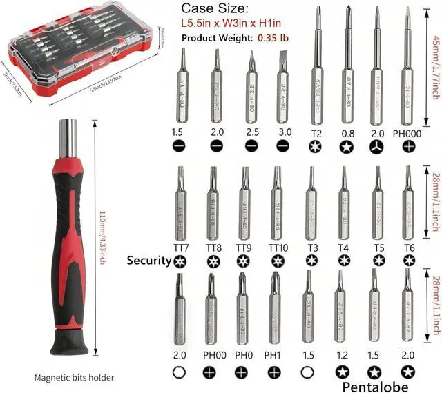 Alt view image 2 of 7 - Small Screwdriver Set, 25-in-1 Precision Screwdriver Kit with Security Star Bits,Pentalobe Bits, Mini Repair Tool for iPhone, PS5, Laptop, Glasses, Watch & Other Electronics, with Compact Storage Case