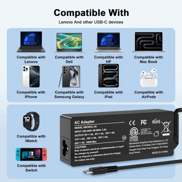 Alt view image 3 of 6 - 100W USB C Fast Charger Power Adapter Compatible with Lenovo Thinkpad,MacBook Pro/Air, iPad Pro,HP,Dell,Asus All USB-C Device