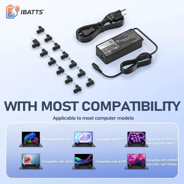 Alt view image 4 of 7 - 100W USB-C Laptop Charger with 13 Tips, Universal AC Adapter Compatible with Dell HP MacBook Vivobook ThinkPad IPad Lenovo Acer Asus Samsung, 90W 65W 45W Chromebook Power Supply