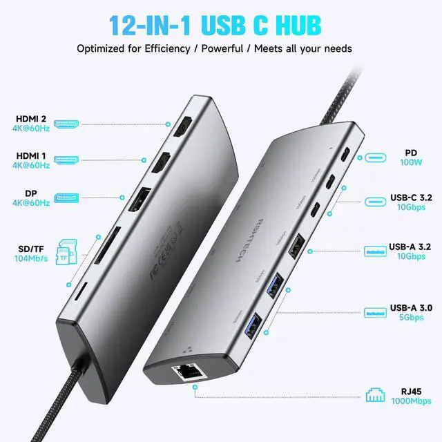 Alt view image 2 of 7 - USB C Hub Docking Station Dual Monitor 12 in 1 Triple Display Multiport Adapter with 2 HDMI, 4K DP, 3 USB 3.2 10Gbps, 2 USB 3.0 Ports, 100W PD, Gigabit Ethernet, SD/TF for MacBook, Laptops