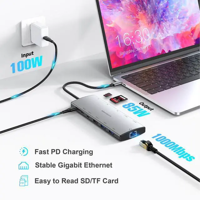 Alt view image 5 of 7 - USB C Hub Docking Station Dual Monitor 12 in 1 Triple Display Multiport Adapter with 2 HDMI, 4K DP, 3 USB 3.2 10Gbps, 2 USB 3.0 Ports, 100W PD, Gigabit Ethernet, SD/TF for MacBook, Laptops