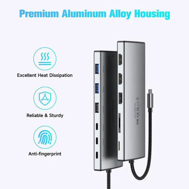 Alt view image 7 of 7 - USB C Hub Docking Station Dual Monitor 12 in 1 Triple Display Multiport Adapter with 2 HDMI, 4K DP, 3 USB 3.2 10Gbps, 2 USB 3.0 Ports, 100W PD, Gigabit Ethernet, SD/TF for MacBook, Laptops