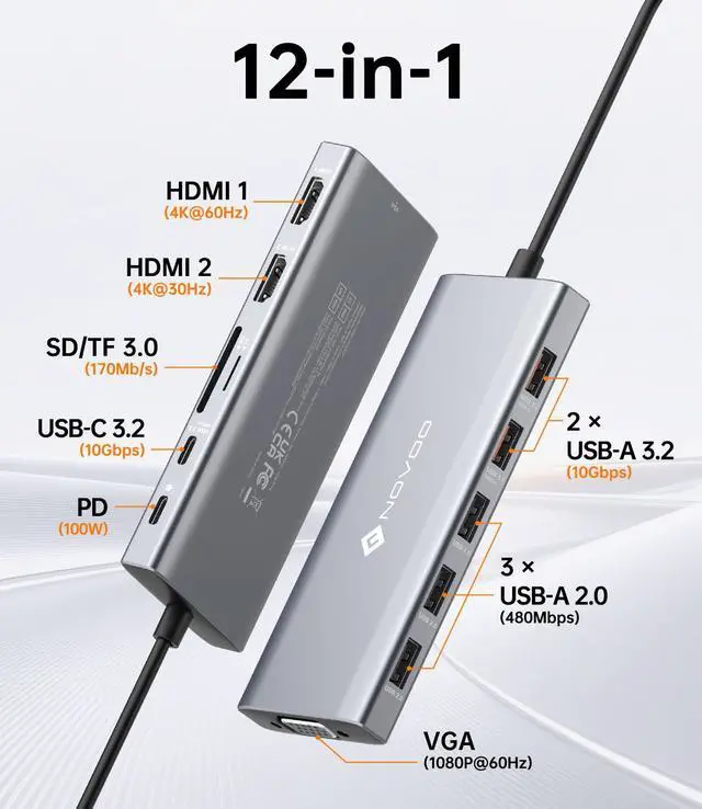 Alt view image 2 of 7 - USB C Docking Station Dual Monitor, 12-in-1 USB C Hub with HDMI 4K, VGA, USB 10Gbps, SD/TF, 100W PD, Multiport Adapter Compatible with MacBook Dell HP Surface