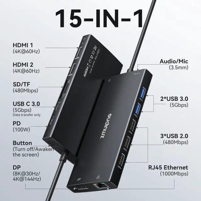 Alt view image 2 of 7 - USB C Laptop Docking Station Dual Monitor 4K@60Hz+DP 8K@30Hz for Dell HP, USB C Hub Docking Station 3 Monitors 15 in 1 USBC Dongle Multiport Adapter with USB A Port+Button+PD+Ethernet+SD/TF+Audio