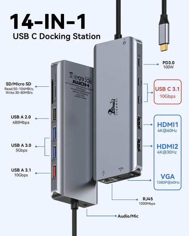 Alt view image 2 of 7 - USB C Docking Station Dual Monitor for Laptop, 14-in-1 USB-C Hub with Triple Display, 2 HDMI + VGA, Ethernet, 6 USB A/C 3.0/2.0, PD, SD/TF, Audio, USBC Dock for Surface/HP/Dell/Lenovo/MacBook