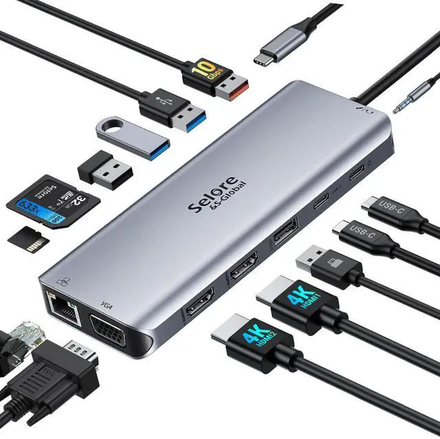 Main image of USB C Docking Station Dual Monitor, 14-in-1 Triple Display Dual 4K HDMI & VGA, 10Gbps Data Transfer, 100W PD, Gigabit Ethernet, SD/microSD Card Reader, Audio - USB-C Hub for Dell HP Lenovo MacBook