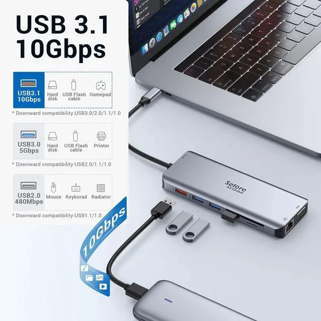 Alt view image 5 of 7 - USB C Docking Station Dual Monitor, 14-in-1 Triple Display Dual 4K HDMI & VGA, 10Gbps Data Transfer, 100W PD, Gigabit Ethernet, SD/microSD Card Reader, Audio - USB-C Hub for Dell HP Lenovo MacBook