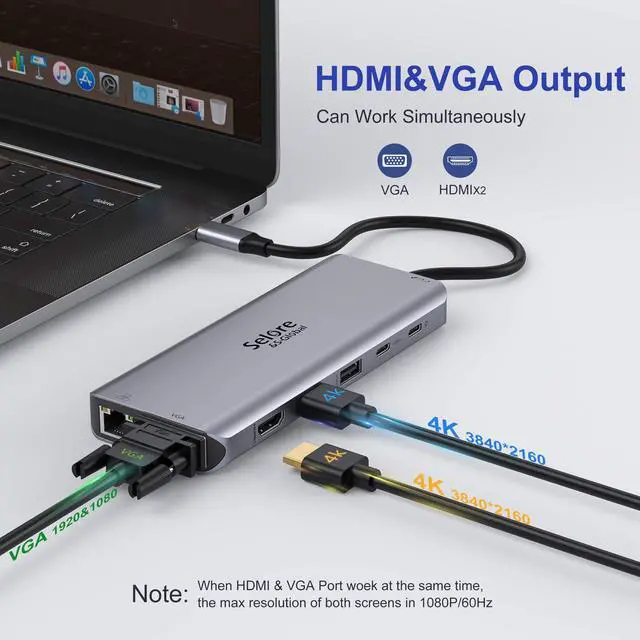 Alt view image 6 of 7 - USB C Docking Station Dual Monitor, 14-in-1 Triple Display Dual 4K HDMI & VGA, 10Gbps Data Transfer, 100W PD, Gigabit Ethernet, SD/microSD Card Reader, Audio - USB-C Hub for Dell HP Lenovo MacBook