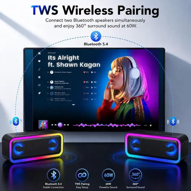 Alt view image 5 of 7 - Portable Bluetooth Speaker with Lights x Holidays/World Cup Stuffers, 30W Loud Stereo Sound, Bluetooth5.4, Enhanced Bass,24H Playtime, TWS Pairing, IPX7 Waterproof, Speakersfor Home/Party/Outdoor