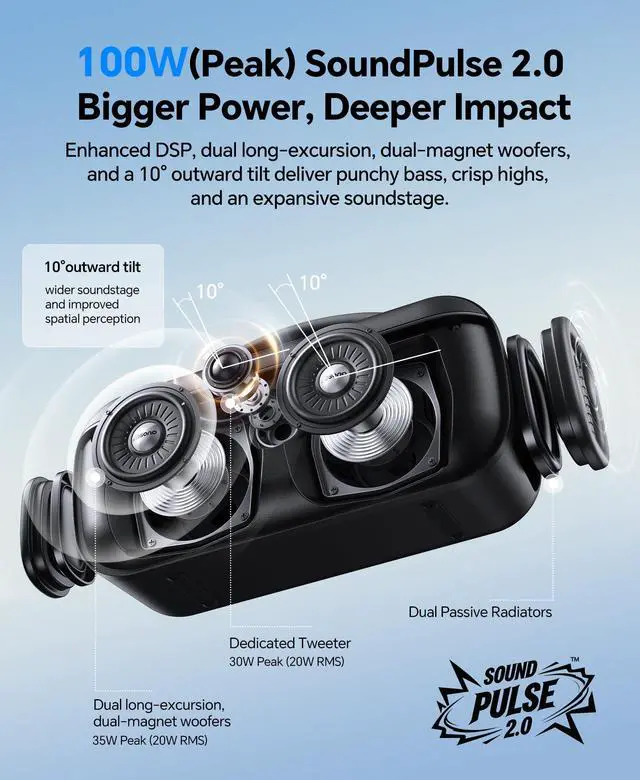 Alt view image 3 of 7 - Portable Bluetooth Speaker Wireless: 100W(Peak) SoundPulse 2.0 with BassBoost, Waterproof Loud Party Speakers, Unlimited Pairing, TWS for Outdoor/Indoor, Beach Vacation Essential, Black