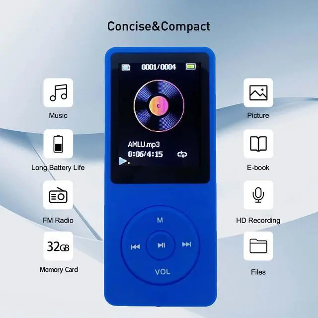 Alt view image 4 of 7 - MP3 Player 32GB with Speaker Earphone Portable Mini Blue Music Player Support Voice Recorder E-Book 1.8 inch HD Screen Support up to 128GB
