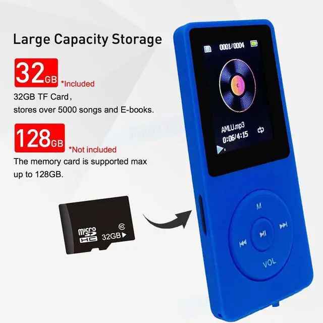 Alt view image 5 of 7 - MP3 Player 32GB with Speaker Earphone Portable Mini Blue Music Player Support Voice Recorder E-Book 1.8 inch HD Screen Support up to 128GB