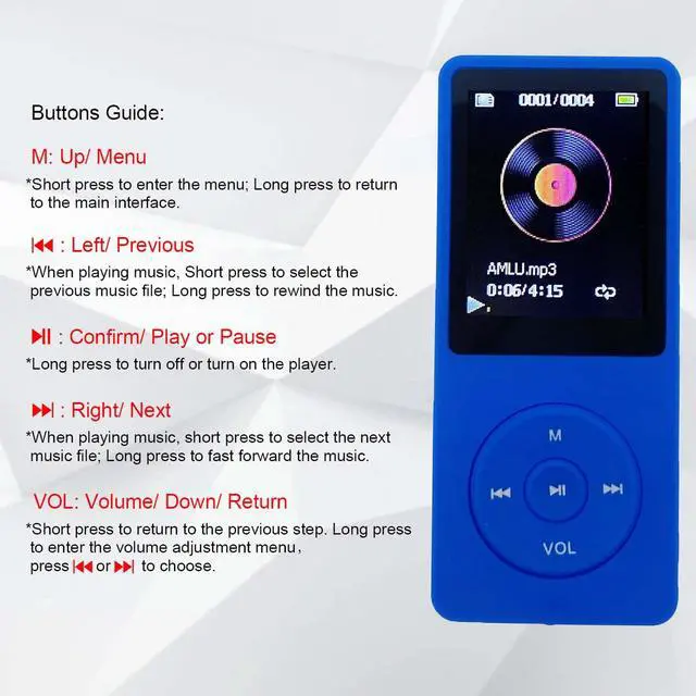 Alt view image 2 of 7 - MP3 Player 32GB with Speaker Earphone Portable Mini Blue Music Player Support Voice Recorder E-Book 1.8 inch HD Screen Support up to 128GB