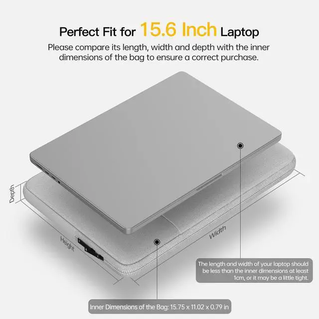 Alt view image 2 of 7 - Laptop Sleeve Case 15.6 16 inch, Shockproof Protective Computer Carrying Cover with Accessory Pocket, Water-Resistant Travel Laptop Bag for HP, Dell, Lenovo, Acer, ASUS, Chromebook -Grey