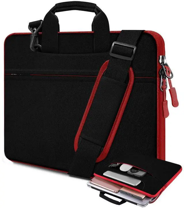 Main image of Laptop Case 15.6 inch Shoulder Bag, Durable Shockproof Protective Computer Carrying Briefcase with Multi-Pockets and Strap Compatible with Most 15.6 inch Notebooks,Black red
