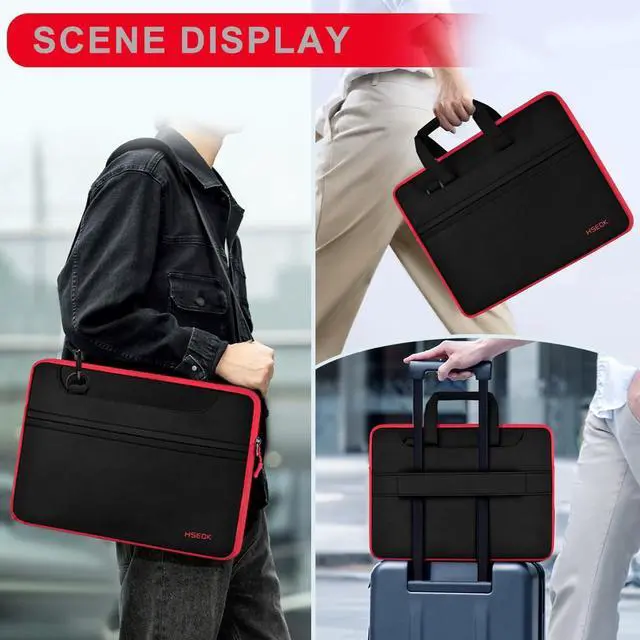 Alt view image 2 of 6 - Laptop Case 15.6 inch Shoulder Bag, Durable Shockproof Protective Computer Carrying Briefcase with Multi-Pockets and Strap Compatible with Most 15.6 inch Notebooks,Black red