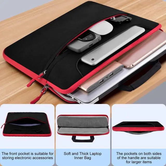 Alt view image 5 of 6 - Laptop Case 15.6 inch Shoulder Bag, Durable Shockproof Protective Computer Carrying Briefcase with Multi-Pockets and Strap Compatible with Most 15.6 inch Notebooks,Black red