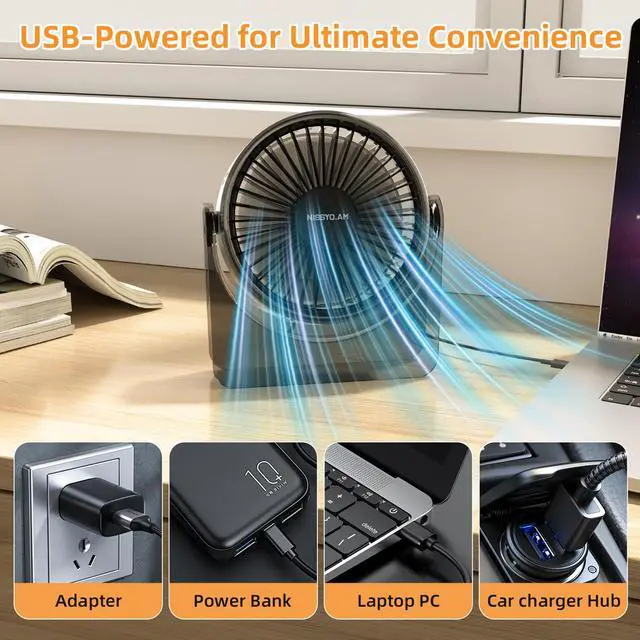 Alt view image 5 of 7 - USB Desk Fan, 6Inch Portable Table Fan, 3 Speeds Quiet Powerful Cooling,Personal Mini Small Fan with Adjustable Tilt for Desk Bedroom Home Office Car Table Travel, No Battery, Black