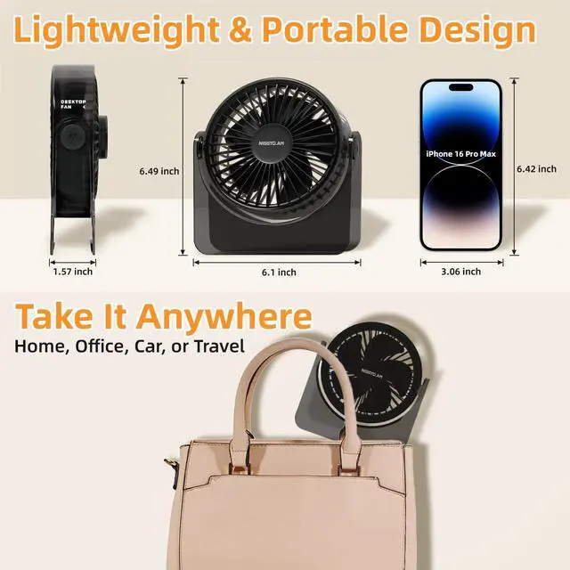 Alt view image 6 of 7 - USB Desk Fan, 6Inch Portable Table Fan, 3 Speeds Quiet Powerful Cooling,Personal Mini Small Fan with Adjustable Tilt for Desk Bedroom Home Office Car Table Travel, No Battery, Black