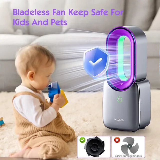 Alt view image 5 of 6 - Rechargeable Desk Fan, 5-color LED Light Bladeless Table Fan of 11.8 Inch, Purple Desk Fans Small Quiet for Bedroom, Home, Office