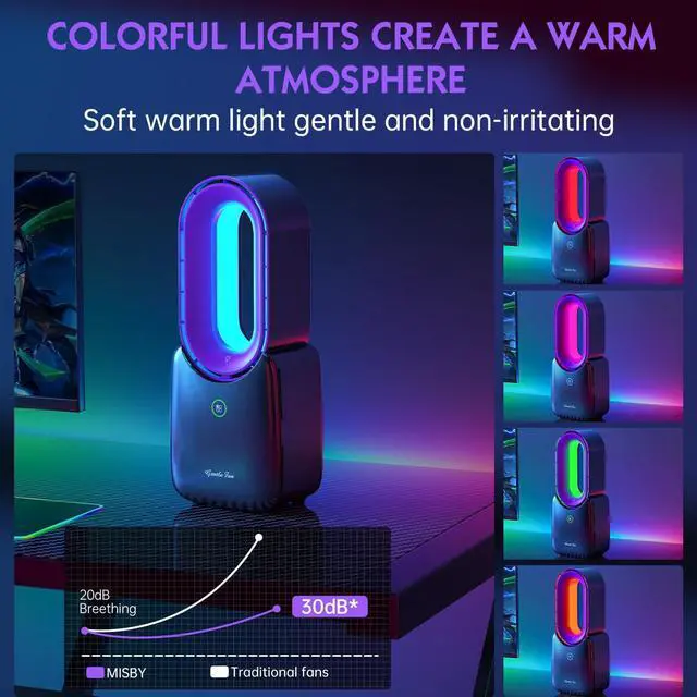 Alt view image 6 of 6 - Rechargeable Desk Fan, 5-color LED Light Bladeless Table Fan of 11.8 Inch, Purple Desk Fans Small Quiet for Bedroom, Home, Office