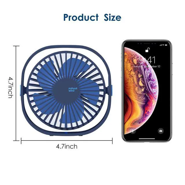 Alt view image 6 of 7 - Small USB Fan Small Quiet Portable USB Powered ONLY (No Battery), Cooling 3 Speed Setting 360° Adjustable Swivel Desktop Personal Fan for Home Office Bedroom Outdoor Travel Summer, Blue