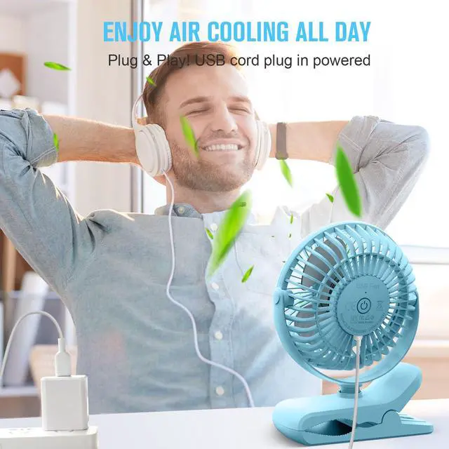 Alt view image 6 of 7 - Clip on Fan, Portable Small Desk Fans with Strong Airflow, 3 Speeds with Personal Fans Sturdy Clamp, Quiet Desk Fan & Clip Fan with USB Cord Powered - No Battery