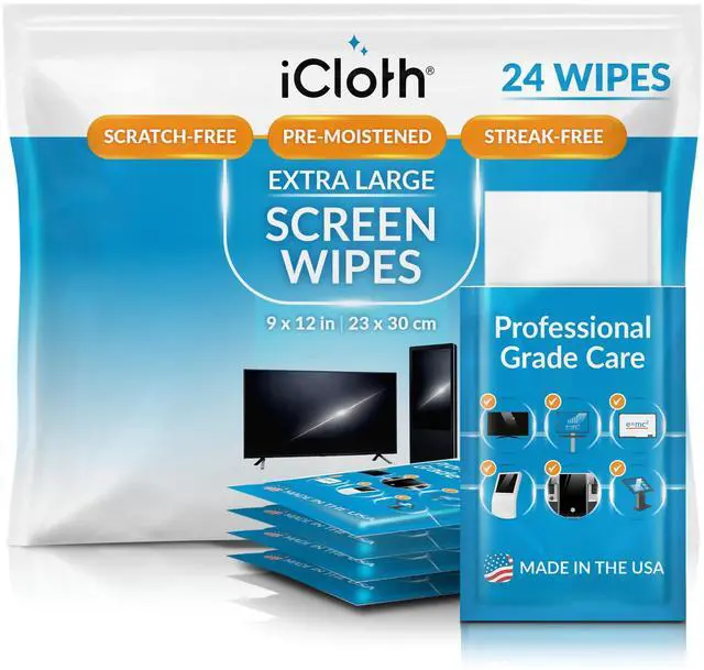 Main image of XL Screen Cleaning Wipes, Lint-Free and Streak-Free, Fast-Drying, Removes Dust, Fingerprints, and Smudges (24 XL Wipes)
