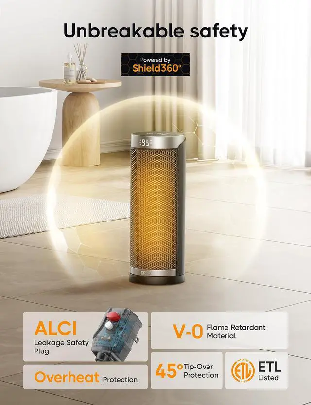 Alt view image 5 of 7 - Space Heater for Bathroom and Indoor, 70°Oscillating, 5 Modes, Remote for Home Bedroom, 12H Timer, with ALCI Safety Plug