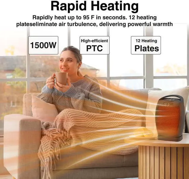 Alt view image 3 of 7 - Portable Electric Heaters for Indoor Use - 1500W PTC Ceramic Space Heater with Thermostat and Remote, Overheat and Tip-Over Protection, 70°Oscillation, Quick Heating for Home, Office, Bedroom