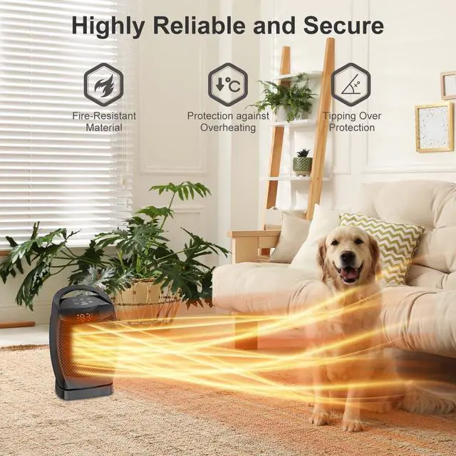 Alt view image 5 of 7 - Portable Electric Heaters for Indoor Use - 1500W PTC Ceramic Space Heater with Thermostat and Remote, Overheat and Tip-Over Protection, 70°Oscillation, Quick Heating for Home, Office, Bedroom