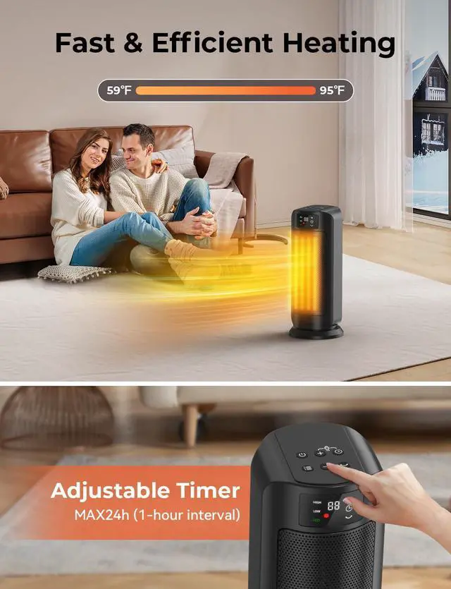 Alt view image 4 of 7 - Space Heater, 1500W Space Heaters Efficient Heating with LED Display, 1-24H Timer, ECO, Multiple Protection, 60° Oscillating Portable Heater Quiet Heating for Garage Home Office Indoor Use