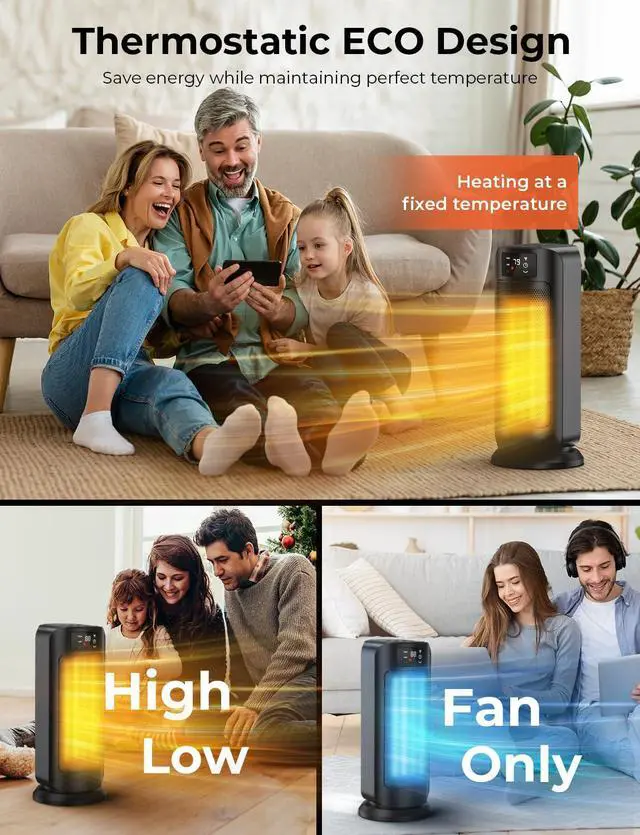 Alt view image 6 of 7 - Space Heater, 1500W Space Heaters Efficient Heating with LED Display, 1-24H Timer, ECO, Multiple Protection, 60° Oscillating Portable Heater Quiet Heating for Garage Home Office Indoor Use