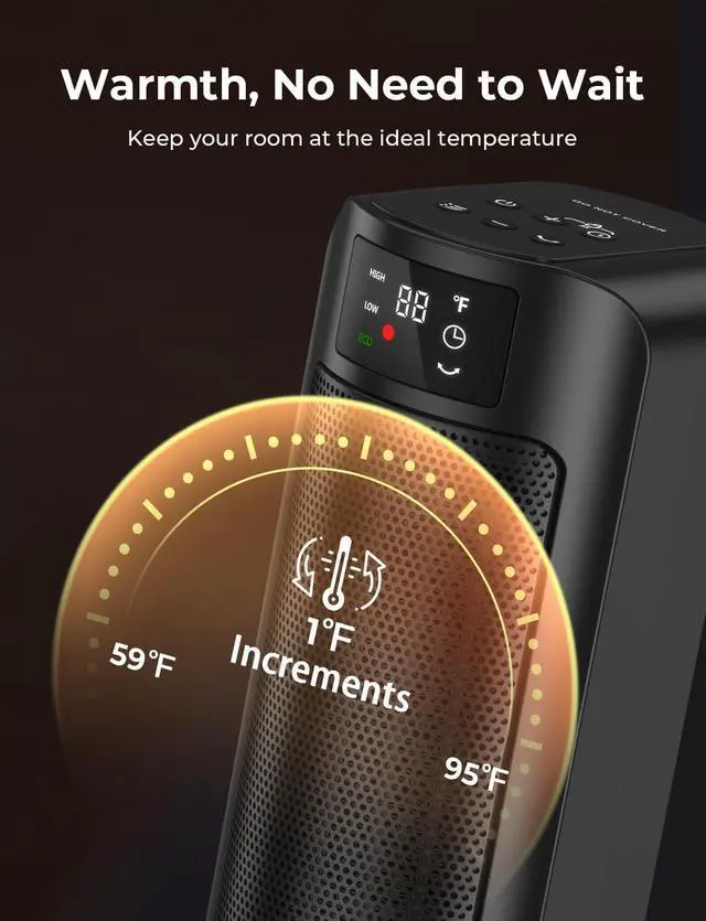Alt view image 5 of 7 - Space Heater, 1500W Space Heaters Efficient Heating with LED Display, 1-24H Timer, ECO, Multiple Protection, 60° Oscillating Portable Heater Quiet Heating for Garage Home Office Indoor Use