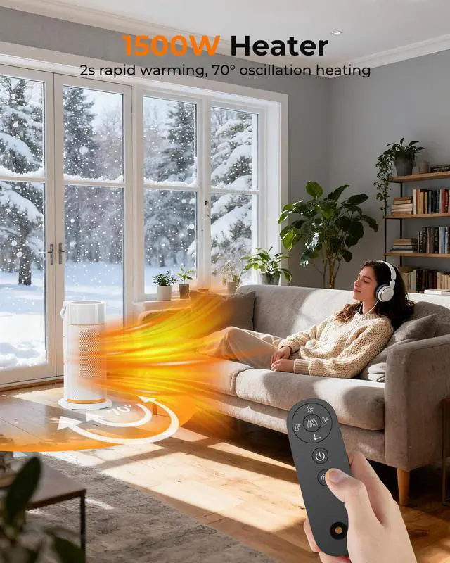 Alt view image 2 of 7 - Space Heater - 1500W Portable Space Heaters for Indoor Use, PTC Ceramic Electric Heater with Remote, 4 Modes, 9H Timer, Low Noise, 70°Oscillation, Overheat & Tip-Over Protection for Office Home