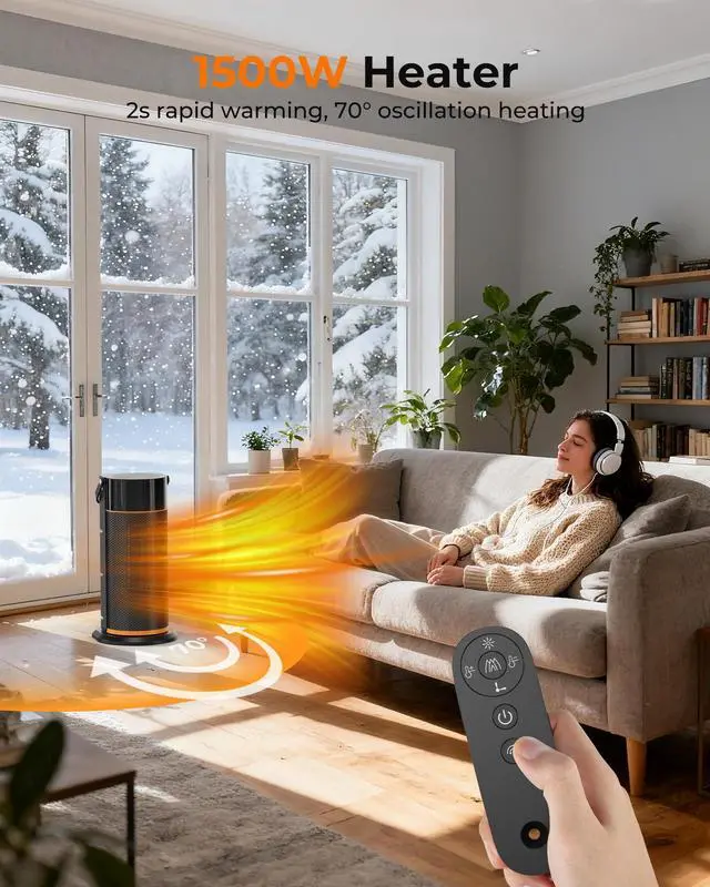 Alt view image 2 of 7 - Space Heater - 1500W Portable Space Heaters for Indoor Use, PTC Ceramic Electric Heater with Remote, 4 Modes, 9H Timer, Low Noise, 70°Oscillation, Overheat & Tip-Over Protection for Office Home