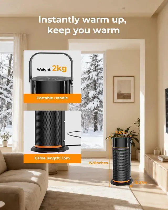 Alt view image 7 of 7 - Space Heater - 1500W Portable Space Heaters for Indoor Use, PTC Ceramic Electric Heater with Remote, 4 Modes, 9H Timer, Low Noise, 70°Oscillation, Overheat & Tip-Over Protection for Office Home