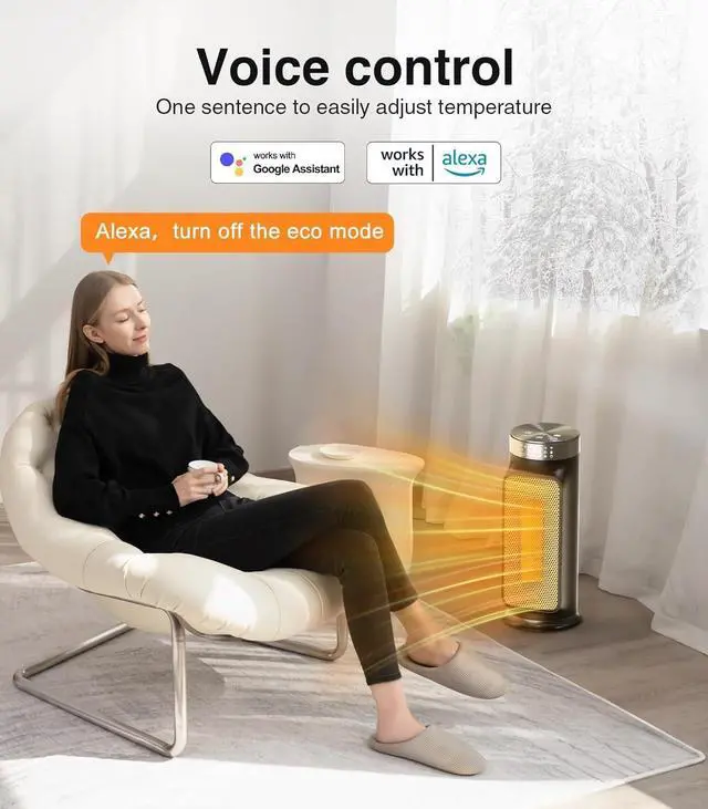 Alt view image 3 of 7 - 1500W Smart Electric Space Heater for Indoor Spaces - WiFi/App Control, Remote Included, 24H Timer, 5 Modes for Home, Office, Bedroom, Bathroom Use