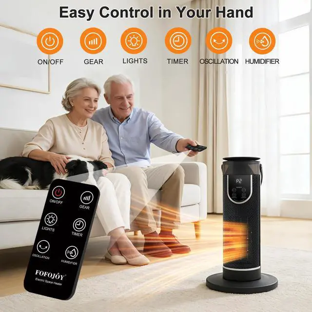 Alt view image 7 of 7 - Space Heaters for Indoor Use, Electric Space Heater with Remote, Humidifier, 12H Timer, 3 Modes, Oscillation, Ambiance Light,1500W/750W Portable Heater for Room