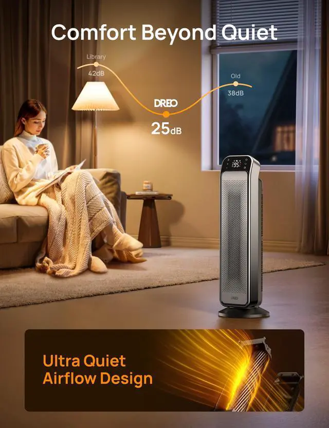 Alt view image 6 of 7 - Space Heater Indoor, 25" 11.5ft/s Fast Portable Room Heater with Remote and Thermostat, 3 Modes, Overheating & Tip-Over Protection, Electric Heaters for Indoor Use Large Room, Bedroom, Silver