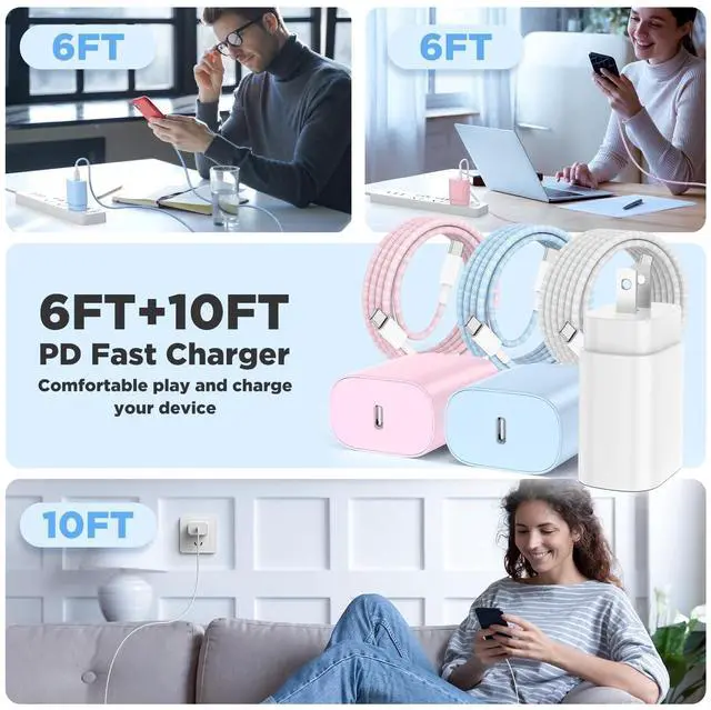 Alt view image 7 of 7 - 25W USB C Super Fast Charging Charger for Samsung Galaxy Phone, 3Pack Quick Charger Block with Braided Long USB C to C Cables (6/6/10ft) for Samsung Galaxy S25/S24/Plus/Ultra, Android/iPhone 17