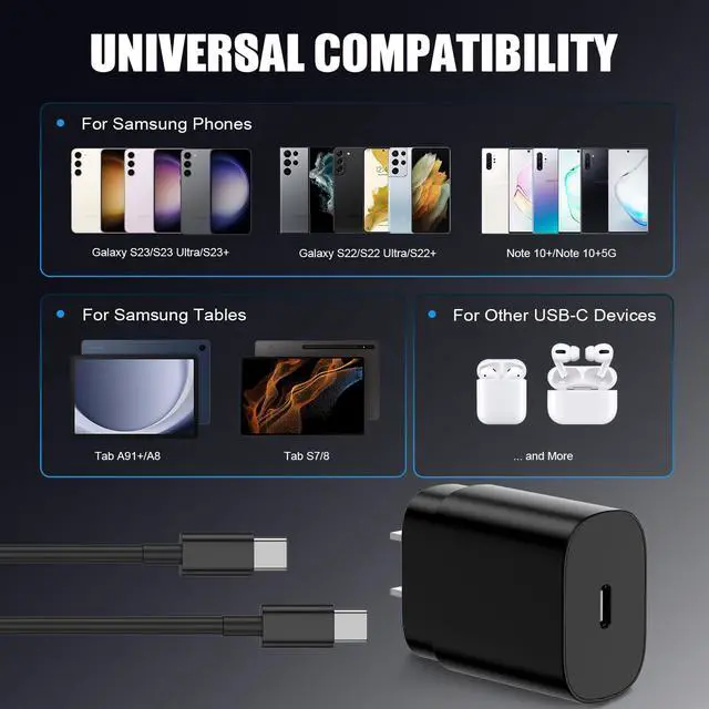 Alt view image 6 of 6 - 2Pack 25W USB C Charger for Samsung Galaxy S24 Ultra, Super Quite Fast Charging Type C Block with 6FT C to C Cord for Samsung Galaxy Tab S9 S8 S23 Ultra S22 Ultra S23 S22+ S22 S21 Note 10 Plus 20